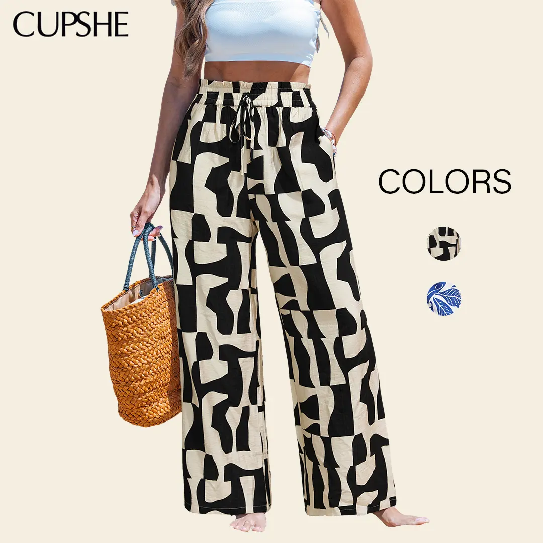 Cupshe Women's Colorful Geometric Print Rayon Pants with Paperbag Waist and Flared Leg, Casual Bottom, Colorful Print Pants, Artful Geo Print, Flare Leg Flow