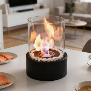 Large Round Desktop Fireplace Tabletop Fire Pit, Vintage Style with Stone Design, Fashionable Winter Heating Decorative Firebox for Home Decoration