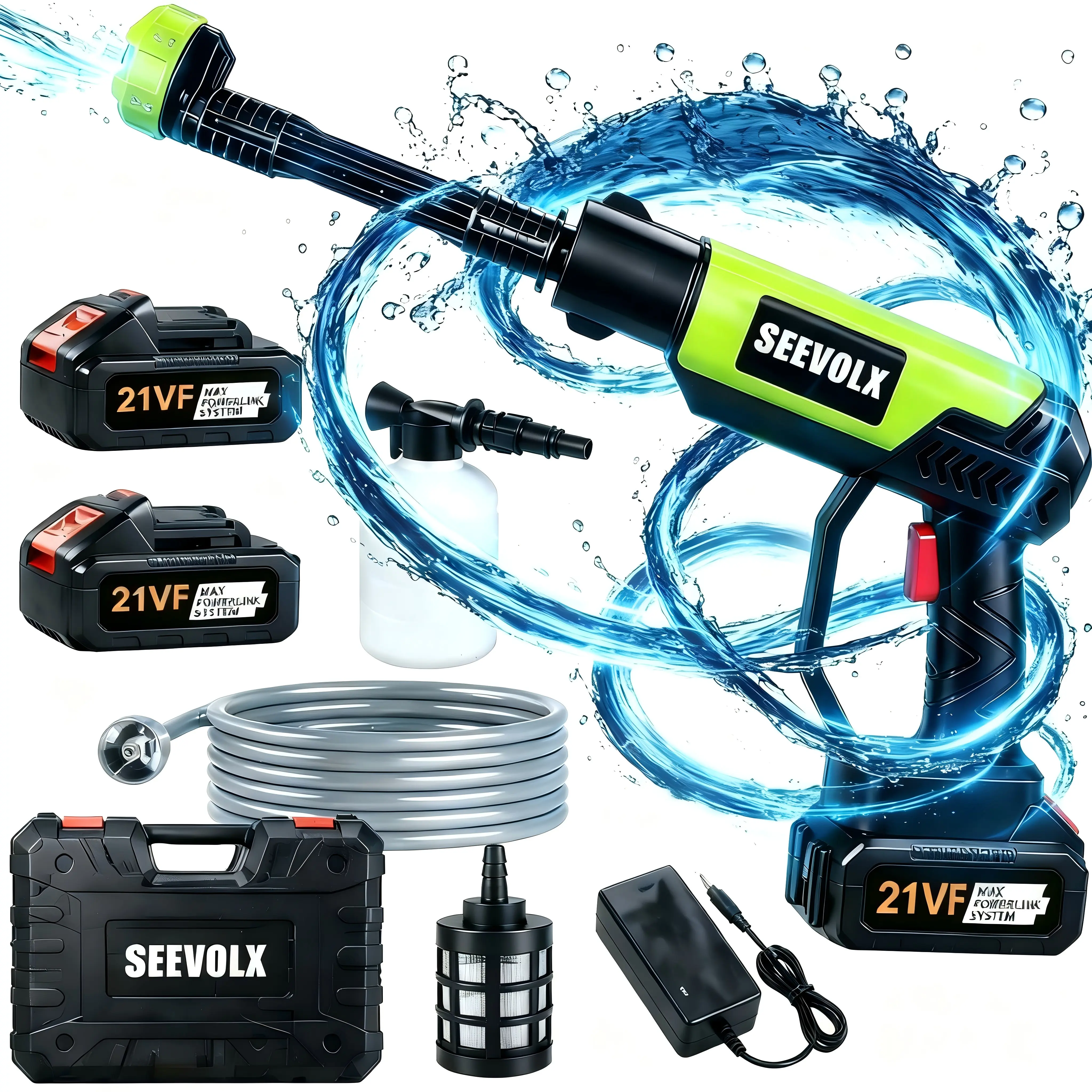 SEEVOLX 21VF Cordless Pressure Washer - Booster Washer with 6-in-1 Nozzle, Ergonomic Handle, High-Pressure Spray Gun for Freedom of Movement, Outdoor Car & Driveway Cleaning