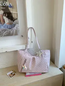 Large Capacity Girls' Shoulder Bag, Commuter School Backpack, Korean Style Polka Dot Tote, Lace Patchwork Underarm Bag, Cute Hanging Decor