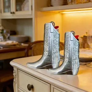 Silver Metal Cowboy Boot Lighter Case Cover - Universal Fit for Standard 3-Inch & Mini 2.4-Inch Disposable Lighters, Vintage Pocket Sleeve Accessory