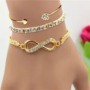 18K Gold Plated 3pcs Women's Bracelet Set Rhinestone Infinity Symbol Tennis Chain Open Bangle Fashionable Elegant Versatile for Daily Wear Eye-Catching for Parties Thoughtful Gift for Girlfriend High-Quality Set