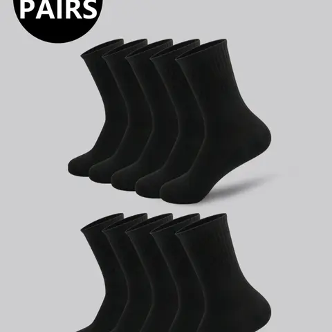 Men's High-Waisted Breathable Mid-Calf Sports Socks, Athletic Socks, Plain Casual Fitted Socks for All Seasons, 5/10 Pairs