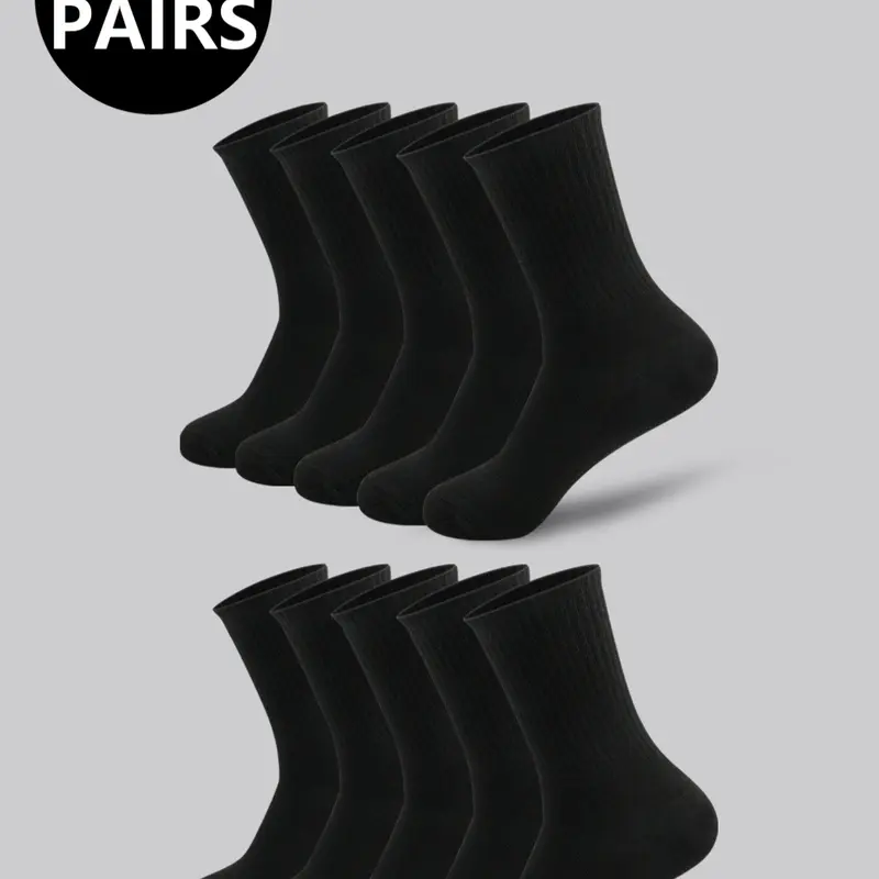 Men's High-Waisted Breathable Mid-Calf Sports Socks, Athletic Socks, Plain Casual Fitted Socks for All Seasons, 5/10 Pairs