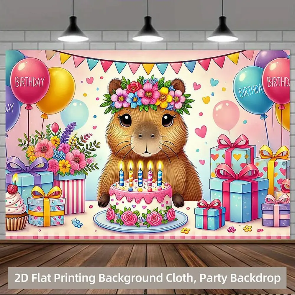 1pc Soft Glam Vibrant Durable Polyester Capybara 2D Flat Graphic Banner Throws - Cute Animal Textile Party Decoration Supplies with High-Quality Printing, Balloon, Gift, Cake Designs, Ideal for Birthday Celebrations, Studio Prop