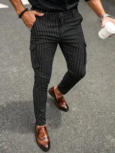 Men's Vertical Stripe Workwear Pants, Casual Business Style, Versatile Suit Pants, Daily Wear, Fitted Zipper Fly Design