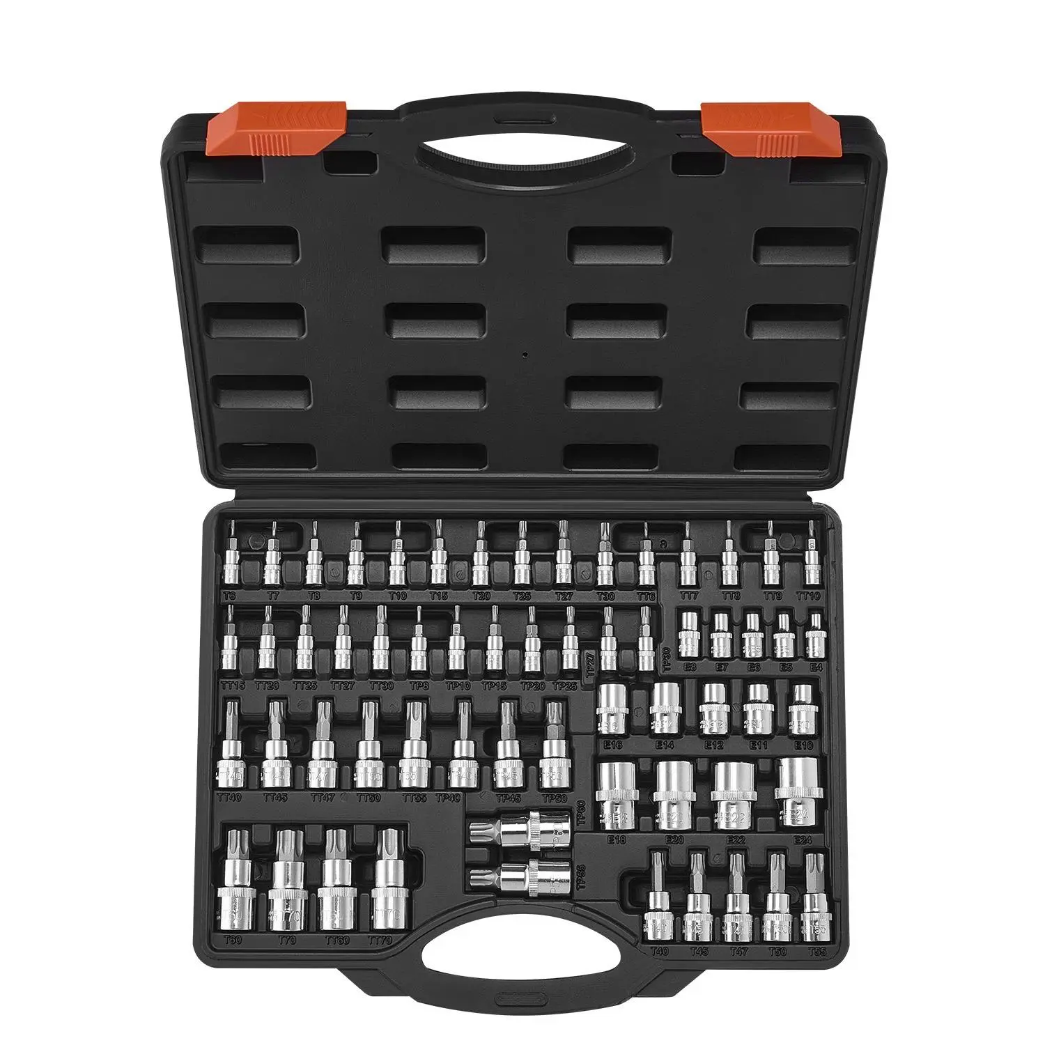 【Summerfinds】VEVOR 60-Piece Multi-Size Socket Wrench Set, S2 Alloy Steel & Cr-V Steel, 1/4 in-3/8 in-1/2 in Drives, Chamfer Edge Torx Bit & External Torx Sockets (T6-T70, TT6-TT70, TP8-TP60, E4-E24), 6.24 lbs Enhanced Storage Case Hand Tool Kit, Torx Bits