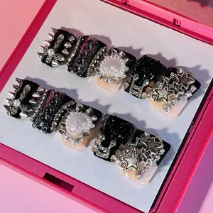 Gothic Punk Style Studded Rhinestone Press-on Nails with Spikes and Stars Design for Stylish Looks
