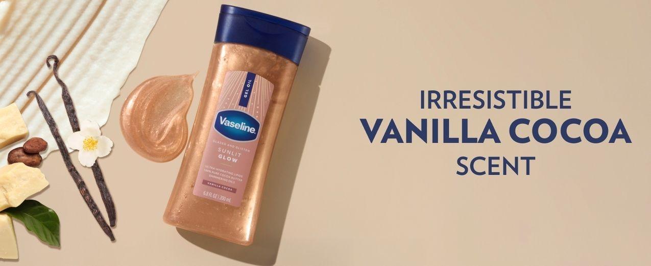 Vaseline Glazed and Glisten Sunlit Glow Body Gel Oil Vanilla Cocoa Shimmering with Ultra-Hydrating Lipids and 100% Pure Cocoa Butter, 6.8 Oz Vaseline Glazed and Glisten Sunlit Glow Body Gel Oil Vanilla Cocoa Shimmering with Ultra-Hydrating Lipids and 100% Pure Cocoa Butter, 6.8 Oz