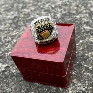 Luxury big heavy 2026-2025-2024 fantasy style football championship ring with brown wooden display box for men