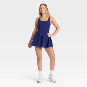 JoyLab Women's Game Day Bubble Skort Active Dress - Square Neck Sleeveless Mini Dress with Built-in Bra & Shorts