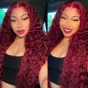 Karlami Hair 99J Burgundy 4x4 Deep Wave HD Lace Front Wigs Human Hair for Women Burgundy Deep Curly Lace Frontal Wigs Brazilian Virgin Human Hair Wigs Pre Plucked with Baby Hair 150% Density