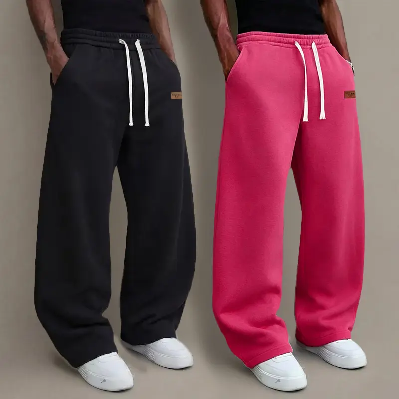 2 piece fall and winter styles: trendy solid color joggers with a loose fit, wide legs, elastic waistband with side drawstring and pockets; casual sports sweat pants for men and women, street outfit