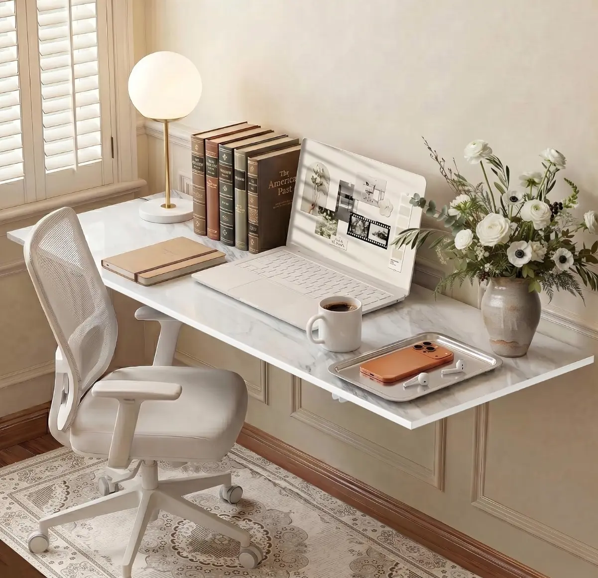 GOYLSER Wall Mounted Folding Table for Office, White Marble Fold Down Desk Laundry Folding Table Wall Mounted for Laundry Room/Home Kitchen, Length 47" Width 20.5"