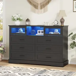 Hasuit | 47.2 Inch 6 Drawer Dresser with LED Lights and Charging Station Farmhouse Chest of Drawers Closet Organizer, Clothes Storage Cabinet