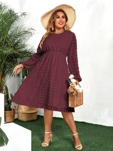 Women's Curvy Plus Size Solid Swiss Dot Chiffon Long-Sleeve Round Neck Midi Dress - Casual Wear, Flowy High Waist A-Line Ruffle Babydoll, Elastic Lantern Loose Sheer Fabric, Elegant Comfy Fit (16W-24W)