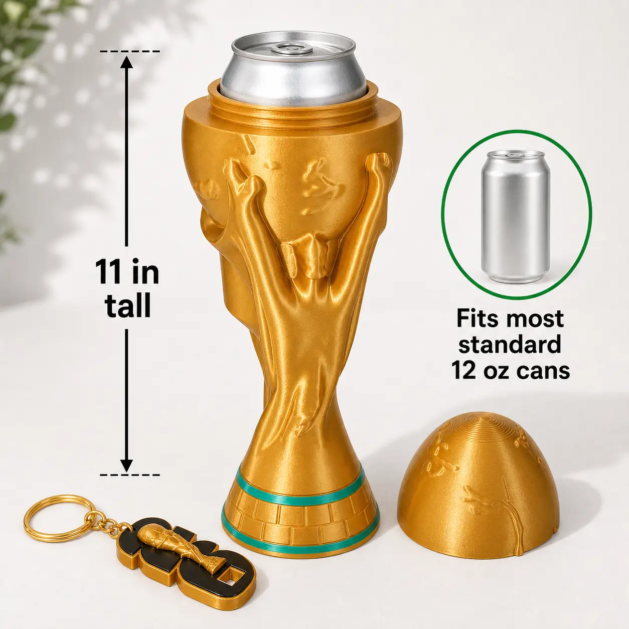 11 Inch Soccer Trophy Can Holder and can opener keychain, 3D Printed Drink Cozy