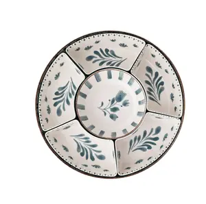 Bamboo Melamine Chip and Dip Tray Blue with Floral Design Plates for Serving