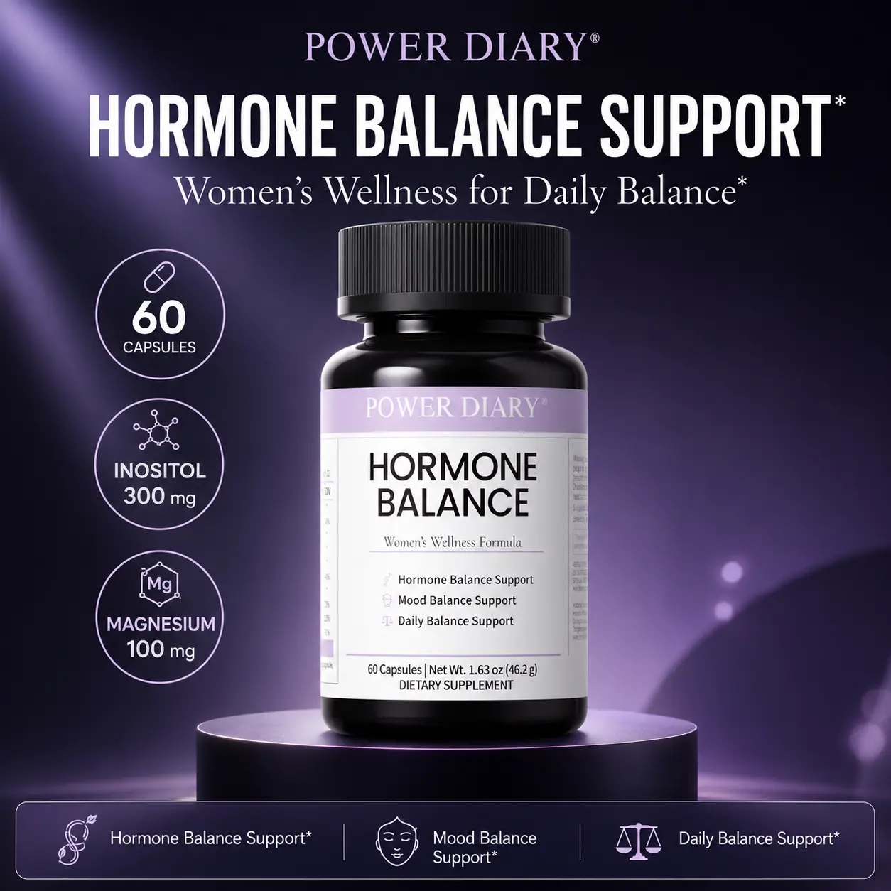 POWER DIARY Hormone Balance for Women, Inositol Supplement for Women with Magnesium, Ashwagandha, Rhodiola & Vitex Chaste Tree Berry, 60 Capsules