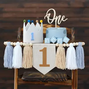 Baby 1st Birthday Party Decor Set, Blue High Chair Banner, 1st Birthday Crown & Cake Topper, Cute One Year Old Milestone Decor, Perfect for Cake Smash Photo Props & Baby Boy First Birthday Celebration Supplies