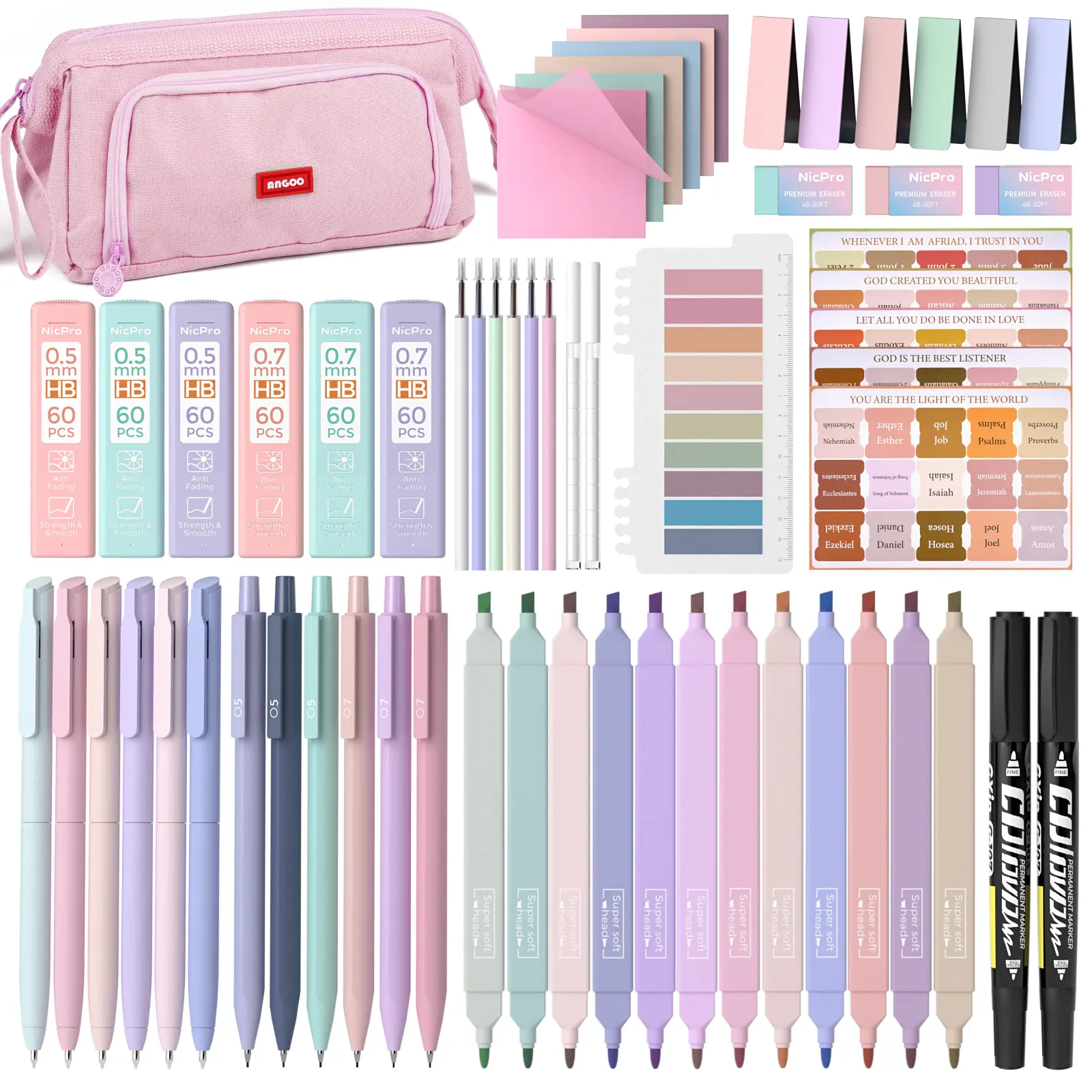 Nicpro 71PCS Bible Study Stationery Set - Bible Journaling Kit with Pencil Case, Highlighters, Pens, Mechanical Pencils, Sticky Notes, Tabs, Aesthetic Book Annotation Journal for Christian Students & Women’s Gifts, Journaling Supplies, Color Pen Pencils