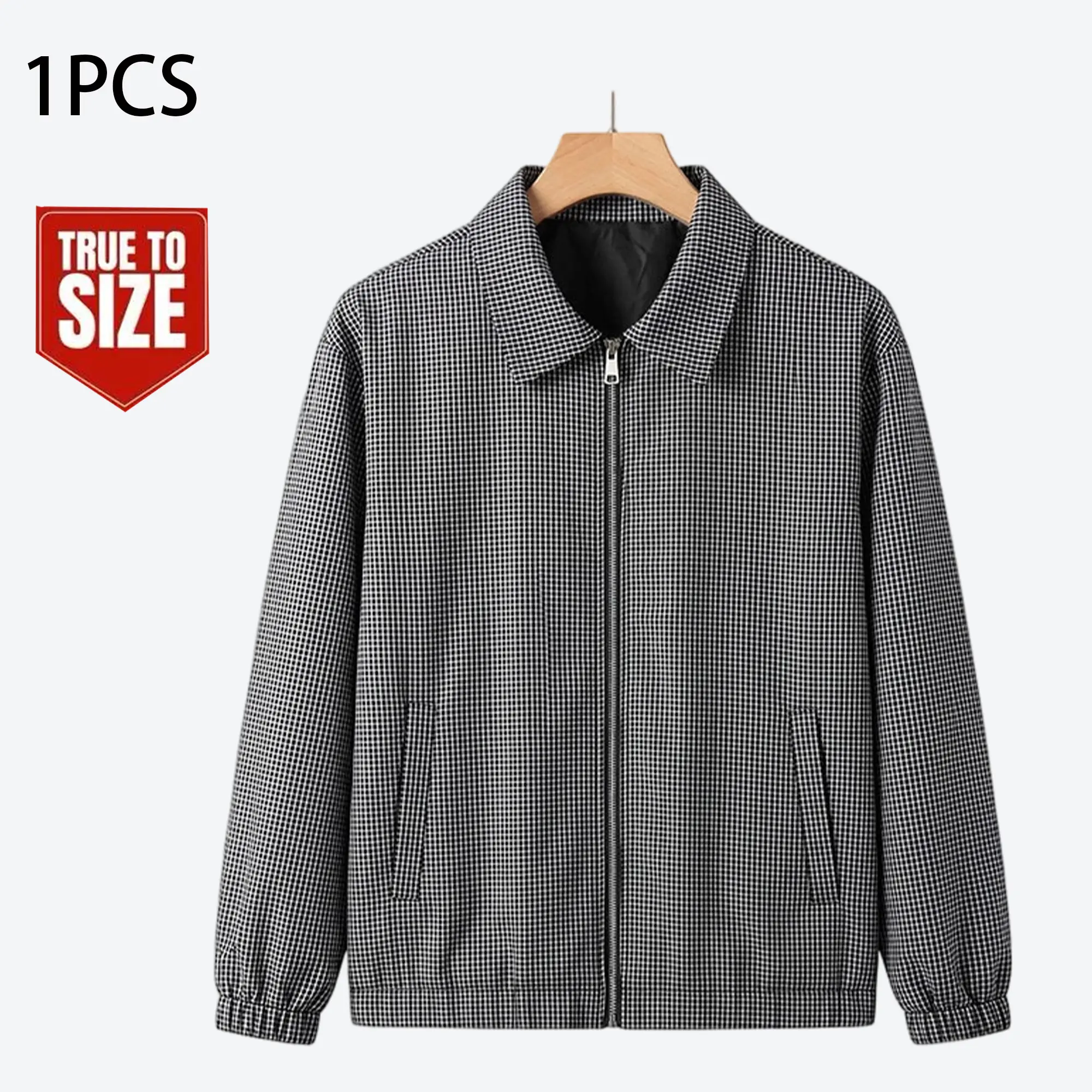 Men's Retro Small Check Harrington Jacket, Elegant Lightweight Wrinkle-Resistant Zip-Up Coat for Casual Commuting, Menswear, Coats, Tops, Checked, Long Sleeve, Stylish, Office Wear