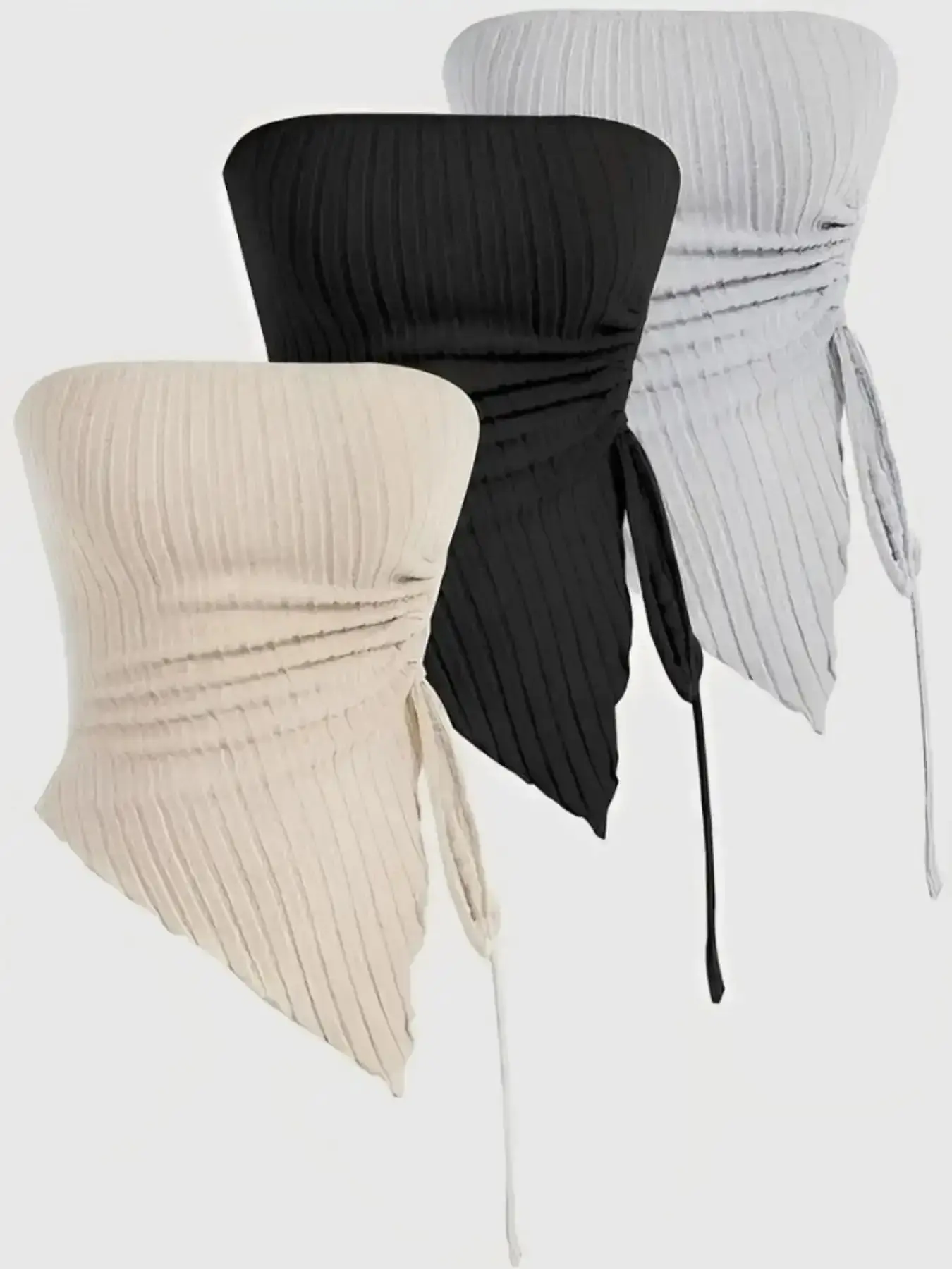 Women's Flattering Solid Ruched Backless Strapless Crop Tube Top, Casual Drawstring Asymmetrical Hem Sleeveless Top for Summer, Clothing for Daily Wear, Tank Top, effortless layering, chic everyday, refined casual