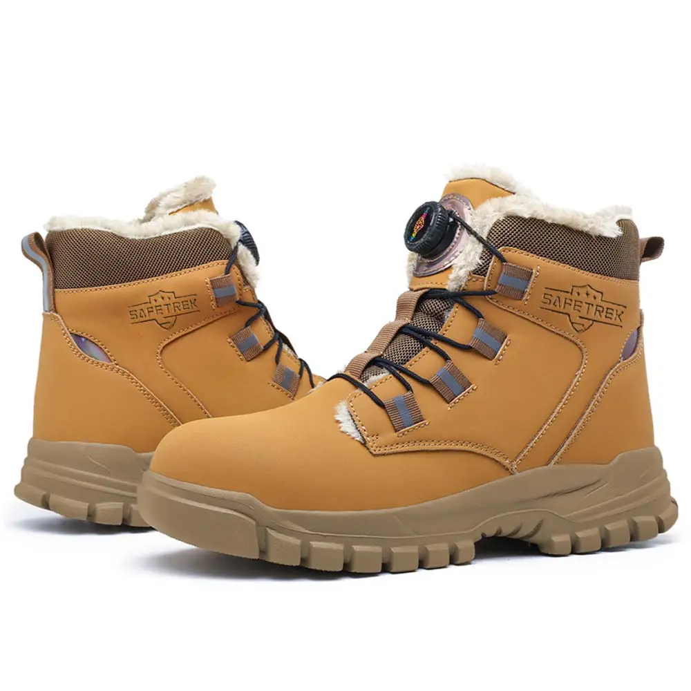 Steel Toe Work Boots With Plush Lining, Anti-Smash and Anti-Puncture Safety Shoes, Water-Resistant Design, Durable Abrasion-Resistant Outsole, Soft Cushioned Insole, Lightweight Work shoes with Rotary Buckle Lacing for Construction & Industrial Work