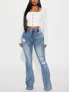 Certifiable Stretch Ripped Flare Jeans - Light Wash