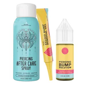 Base Laboratories Piercing Bump & Keloid Removal Kit | Oil, Gel & Saline Spray for Piercing Aftercare, Keloid & Scar Treatment | Ear & Nose Care Solution Healthcare Serums Skin Repair