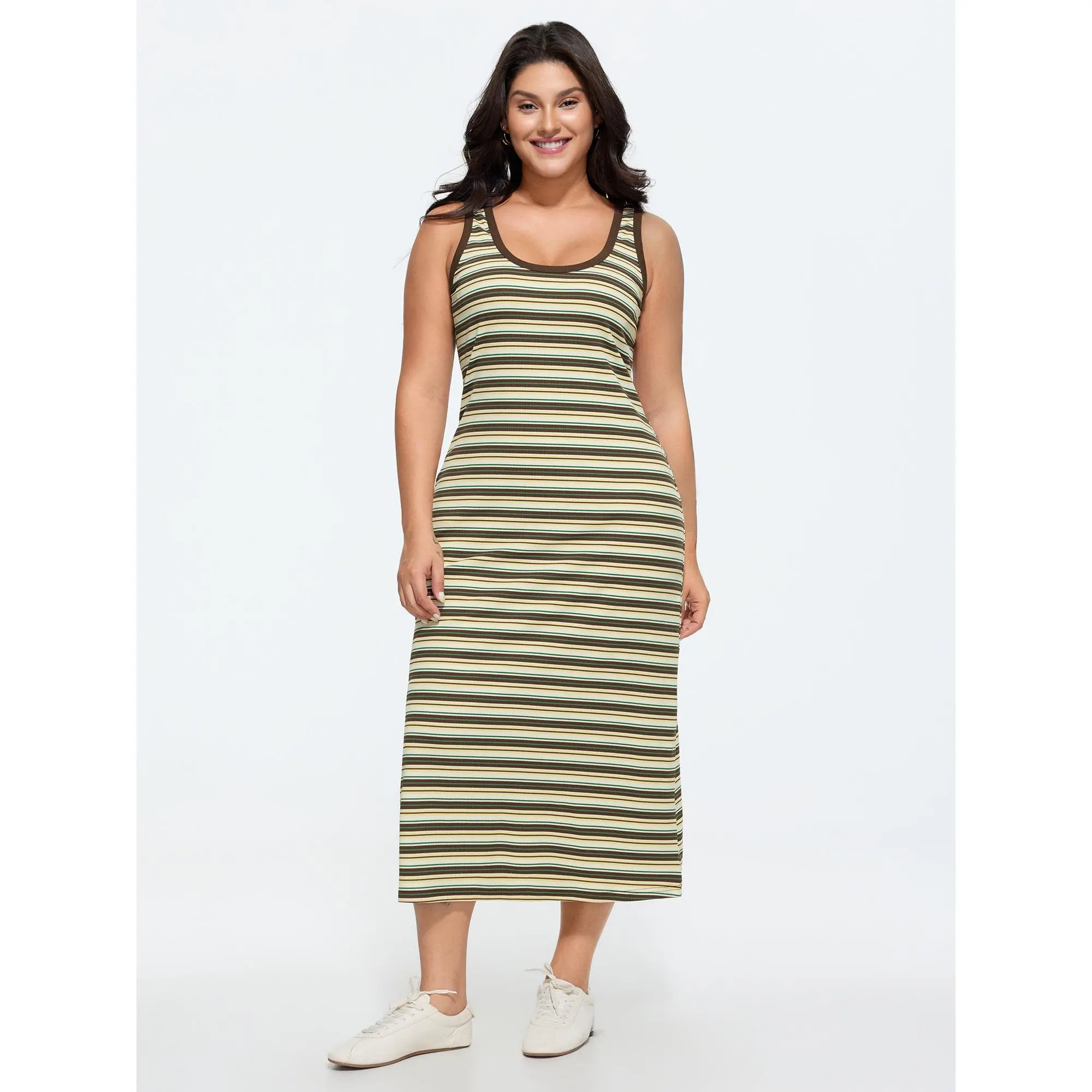 BloomChic Women's Plus Size Casual Striped Patchwork Sleeveless Scoop Neck Maxi Dress - Stretchy Ribbed Fit, Soft 70% Cotton Mix, Pull On, Cold Wash, Wash With Like Colors, Elastane, Size 14-16/1X