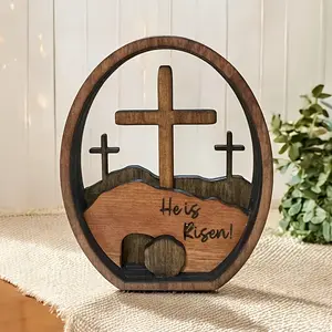 Wooden Easter Resurrection Scene Cross Jesus Tomb Tray 3D Decoration for Easter Scene and Cross Ornaments