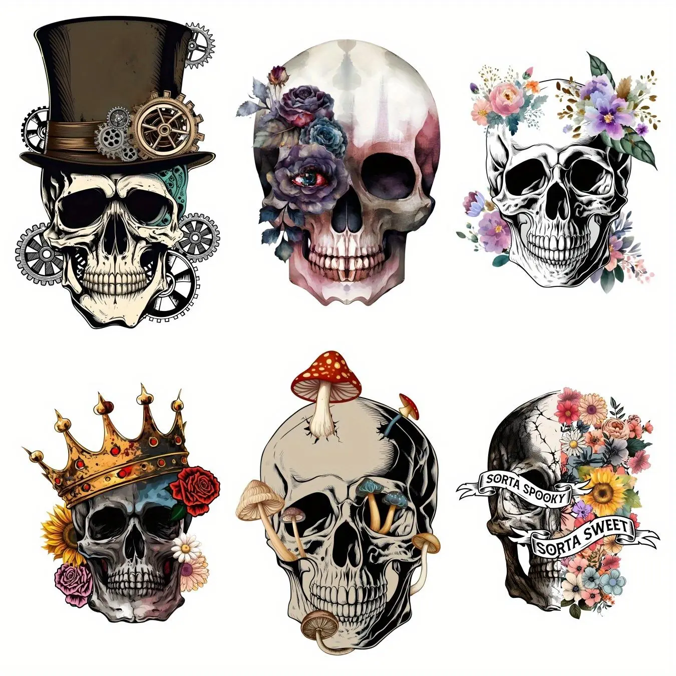 Skull & Crown Pattern Iron-on Heat Transfer Decals, 6 Counts/set DIY Patches for T-shirts, Jeans, Bags & More, Mixed Colors, Halloween, Handcraft