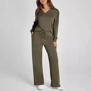 Loose v-neck long-sleeved top with drawstring design elastic waist horn trousers two-piece set