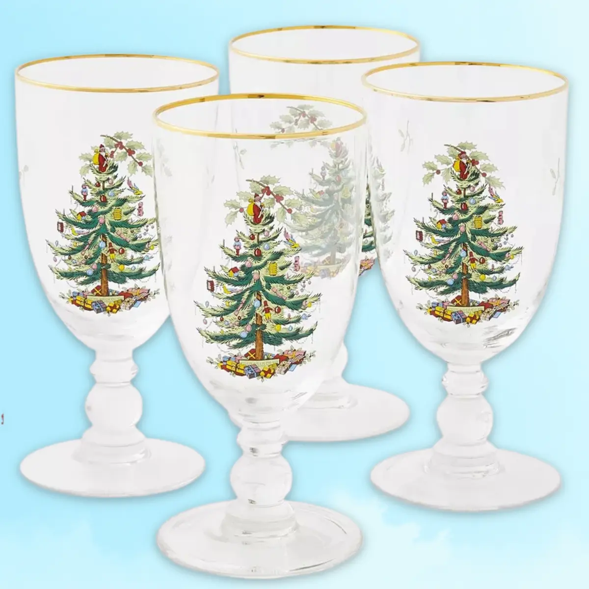 Spo Christmas Tree Gold 16oz Pestal Goblets (Set of 4) - Gold Rimmed Gsses, Festive Holiday Drinkware for Christmas Dinner, Wedding Gifts