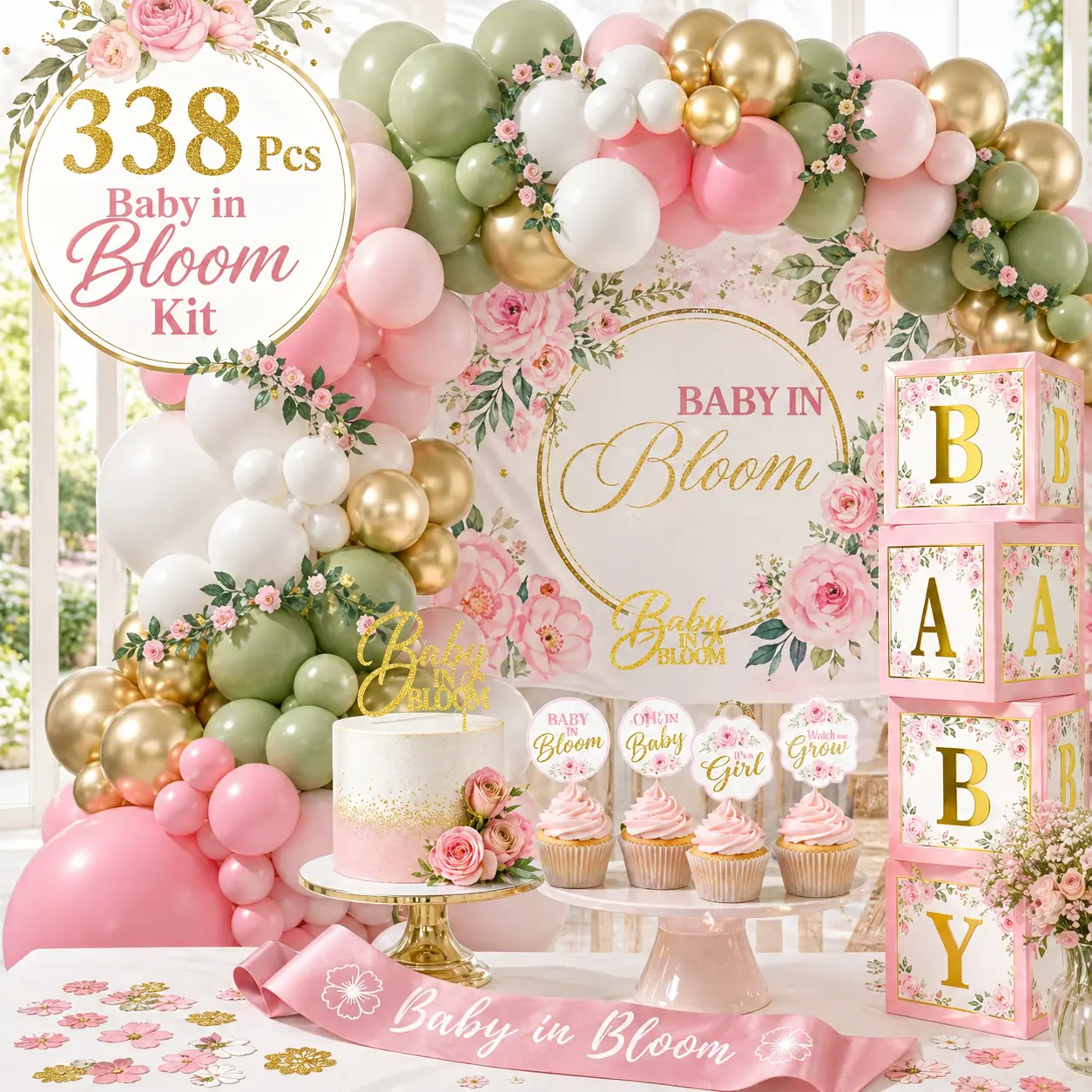 338-Pcs Pink Sage Green Baby in Bloom Shower Decoration Kit - Lightweight Balloon Arch, Floral Backdrop, Baby Boxes, Cake Topper, Sash, Photo Garland, Photo Props for Festive Home Supplies, Party