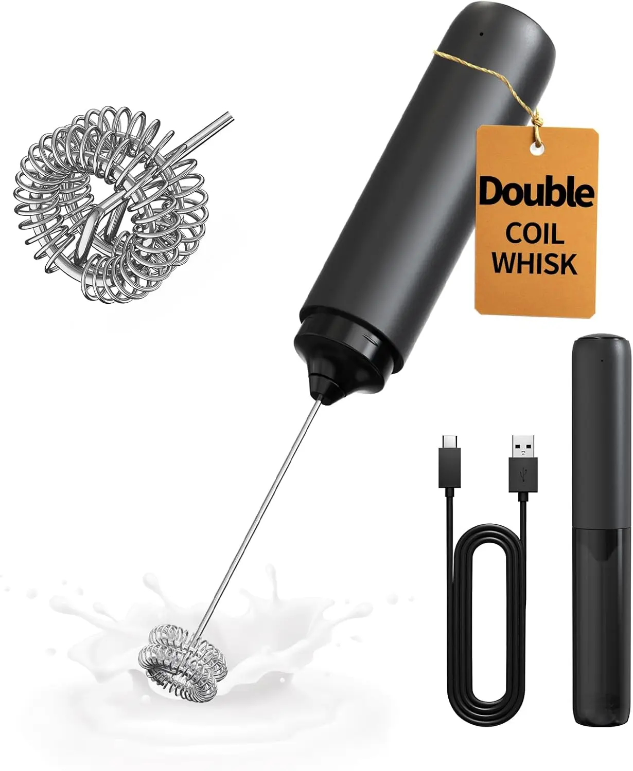 Rechargeable Milk Frother Hanheld, Dual Coil Whisk Head Electric Coffee Frother, Portable Hand Frother Wand Drink Mixer for Matcha Lattes Cappuccino, Kitchen Gifts, Black