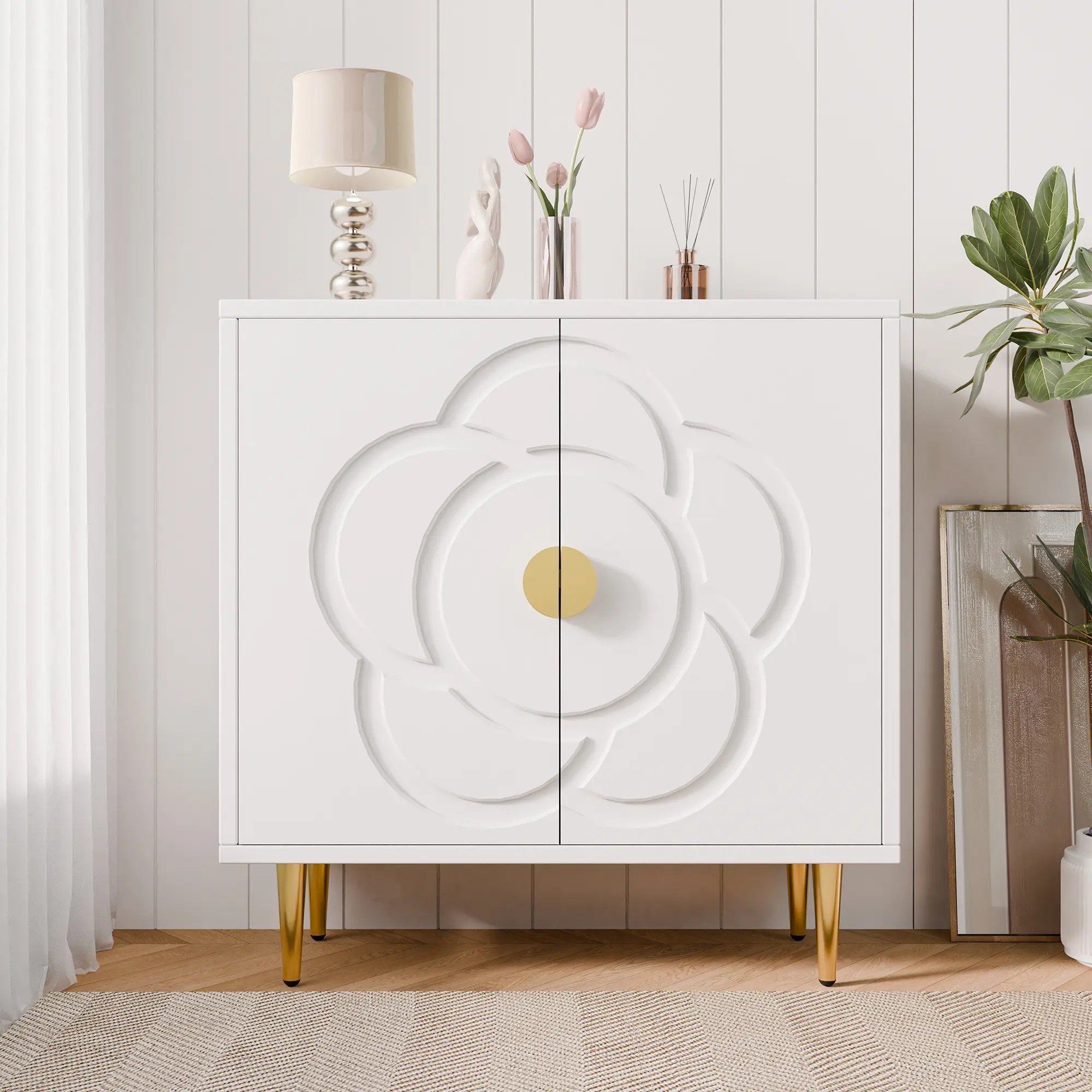Topwin Wood French Country Flower-Shaped Double-Opening Door Sideboard with Storage - Durable Modern Minimalist Elegant & Practical Indoor Cupboard Cabinet for Home Organization, Assembly Required