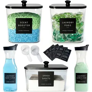 3+2 Pack Laundry Pods Containers & Dryer Sheet Holder & Laundry Detergent Dispenser, Laundry Room Organization and Storage Jars with Lids, Labels and Scoops for Scent Booster, Powder, Pods