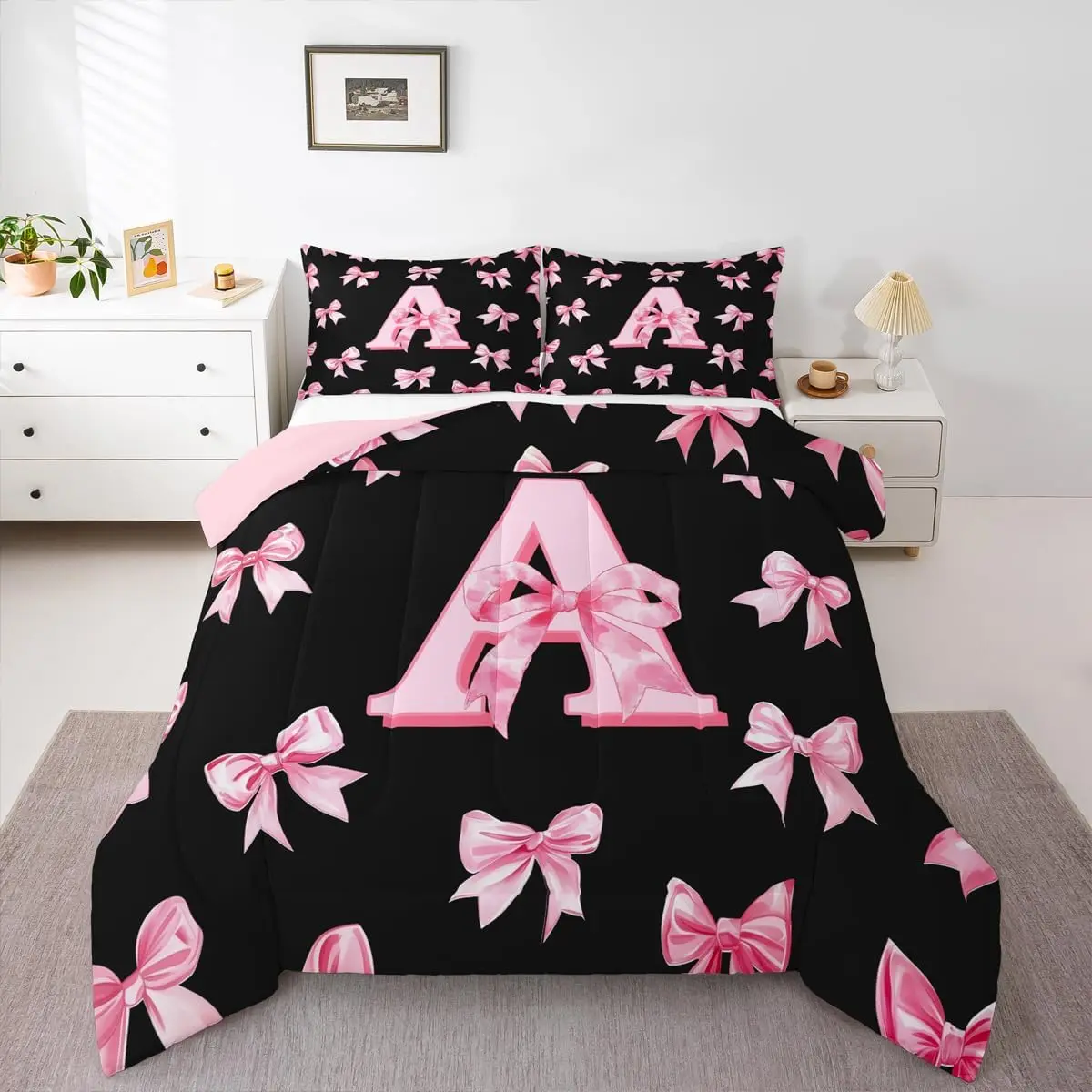 Cute Pink Bow Bedding Set,Personalized Letter A Comforter Set for,Initial A Coquette Bow Comforter Preppy Monogrammed Bowknot Quilt Duvet
