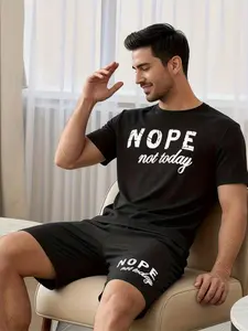 Men's Simple Style Casual Sleepwear Loungewear Pajama Set, Includes Matching Short Sleeve Shorts, Letter Print, Suitable for All Seasons