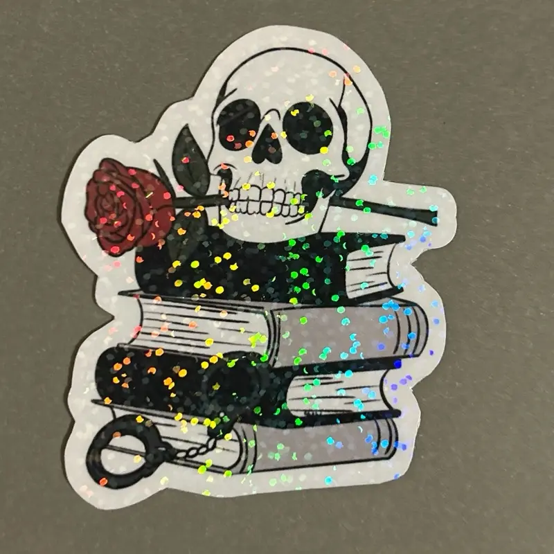 Dark Romance Sticker Featuring Glittery Skeleton with Rose and Books for Gothic Aesthetic