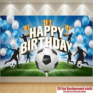 1PC Polyester Reusable 2D Flat Football Theme Happy Birthday Door Banner - Boys' Soccer Party Decoration Curtain with Blue, White Balloons, Trophy, Soccer Players Backdrop for Kids' Birthday Photos, Scene Layout