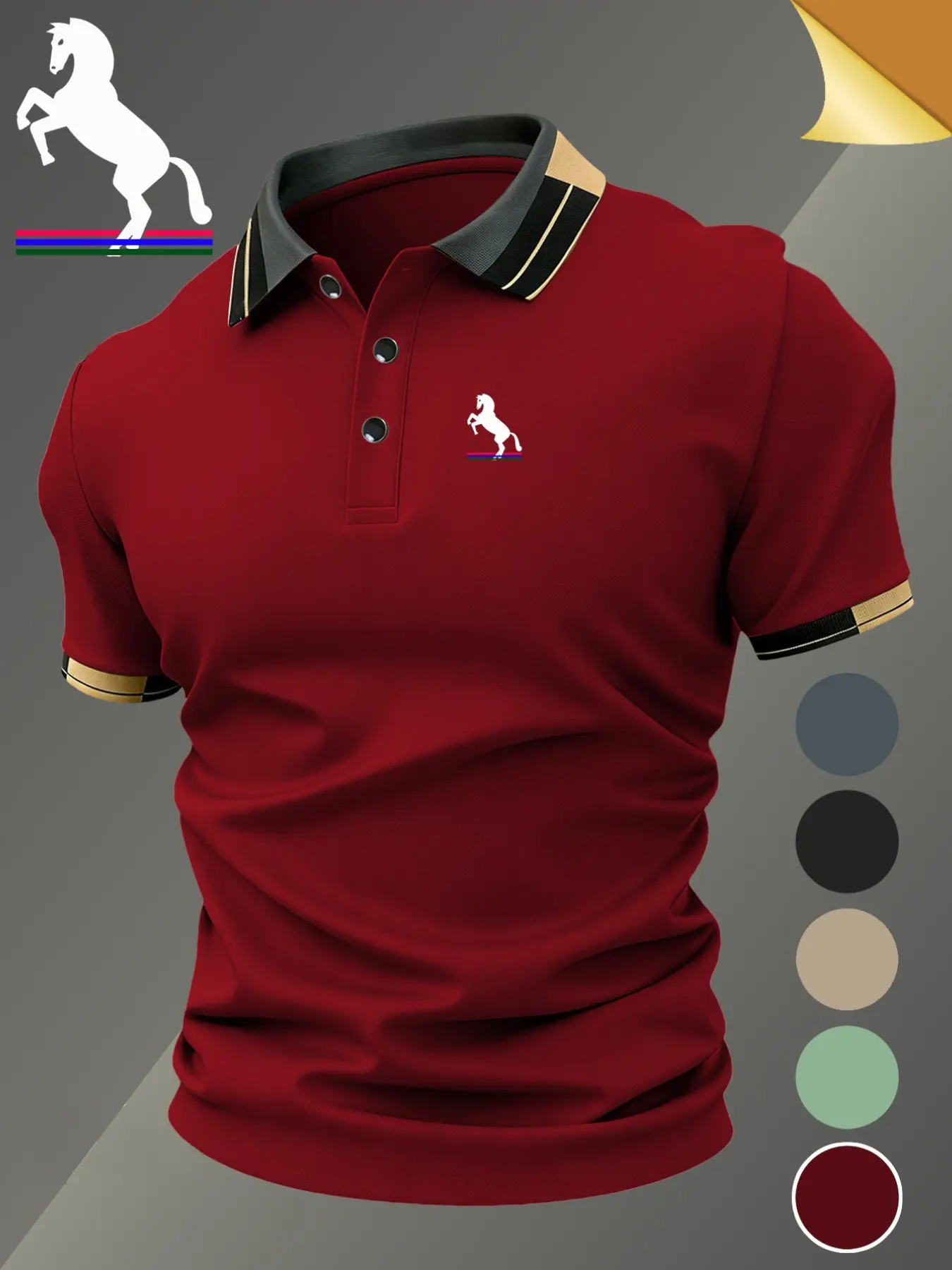 Men's Polo Shirt with Equestrian Logo Print, Fitted Casual Geometric Pattern, Breathable Stretch Fabric, All-Season Comfort, Polo Gift, Breathable Polo Shirts