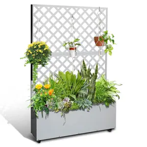 73" H x 47" W Metal Planter Box with Trellis, Outdoor Garden Box with Privacy Screen & Drainage Holes, Raised Garden Bed with Trellis & Wheels, Climbing Plants Flower Vegetable, White