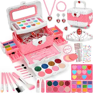 Children's Make-up Set with Drawer Storage Box Portable role-play toy, 56-piece set including powder puff, lipstick, eyeshadow brush, crown, necklace, earrings and more. An excellent gift choice.