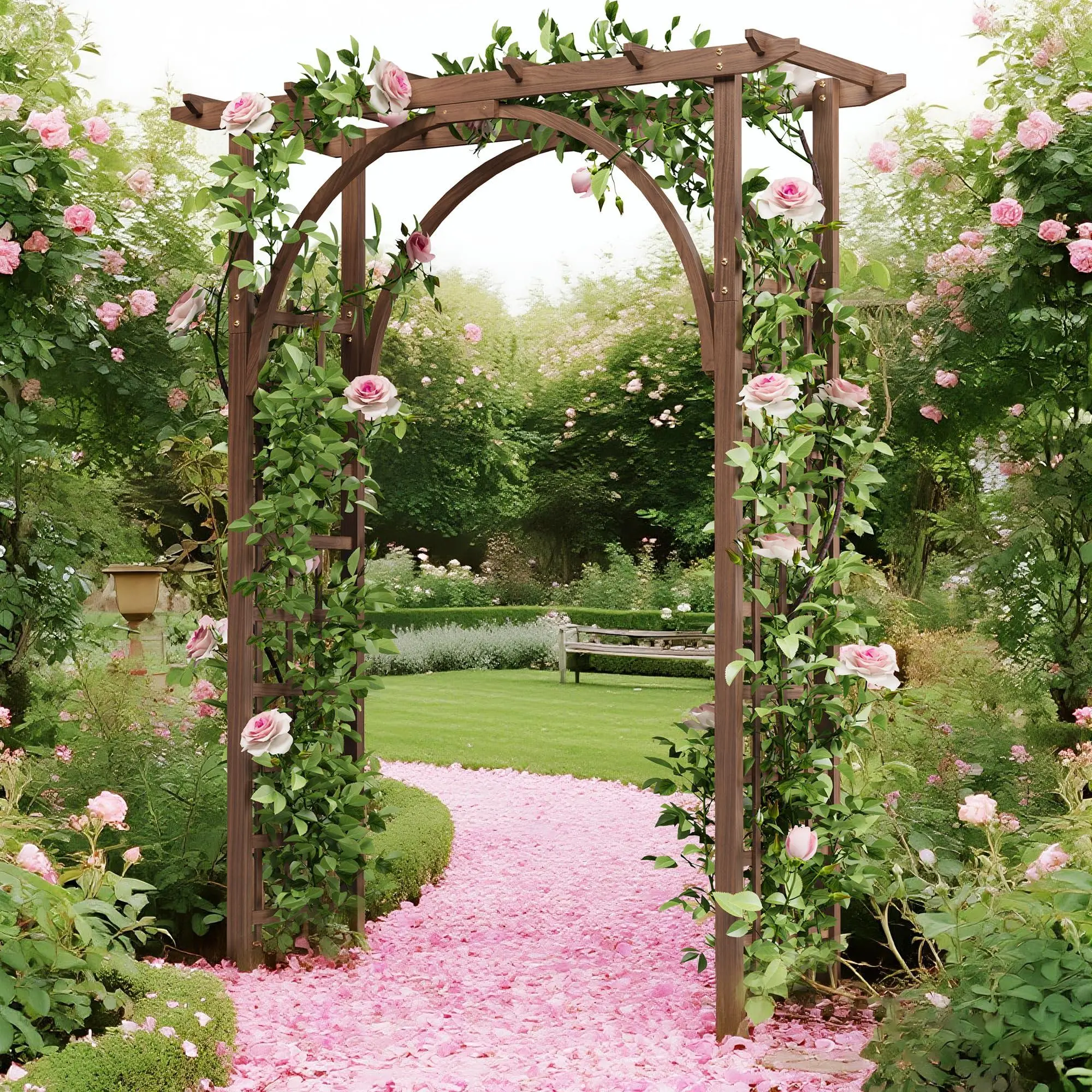 85-in Solid Wood Garden Arbor Arch, All-Weather Rustic Sturdy Frame with Lattice Sides, Reinforced Crossbars, Quick & Easy Tool-Free Assembly, Climbing Plant Support, Brown Lawn & Patio Pergola Decor for Weddings, Quick & Easy Assembly