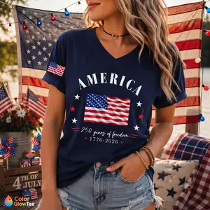 America 1776-2026 Vneck Shirt, America Flag Sleeve Print Vneck, 4th Of July Vneck