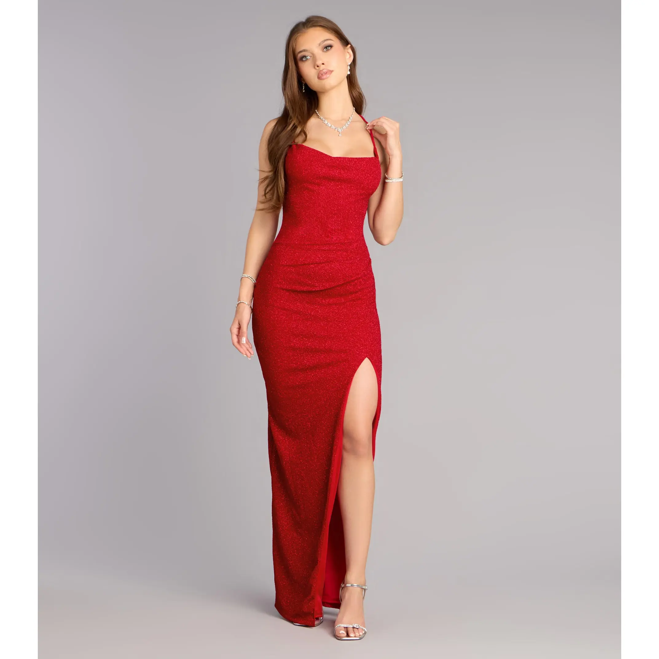 Eva Glitter Lace-Up Column Formal Dress