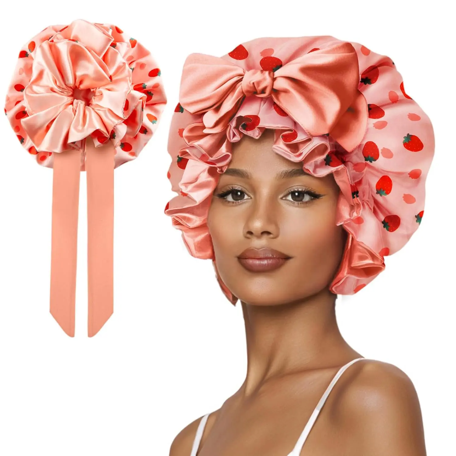 Women's Durable Silk Sleeping Bonnet & Satin Anti-Frizz Shower Cap, 2025 Adjustable Tie Band Wrap with 3% Elastane for Curly Hair, Moisturizing Strawberry Design Bathroom Accessory